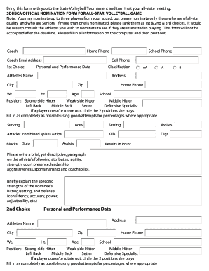 SDHSCA Official Nomination Form for All-Star Volleyball Game