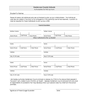Hardeman County Schools Authorization for Pick-Up Form