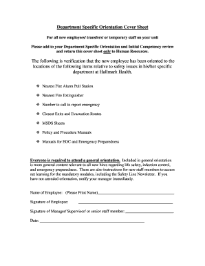 Department Specific Orientation Cover Sheet