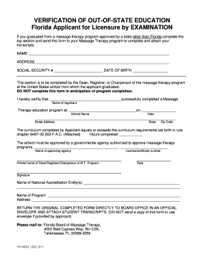 Florida Massage Therapy Education Verification Form