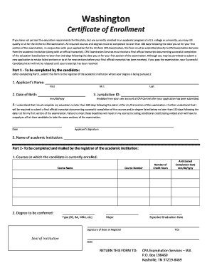 Washington CPA Examination Certificate of Enrollment