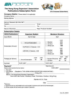 Hong Kong Exporters’ Association Publications Subscription Form