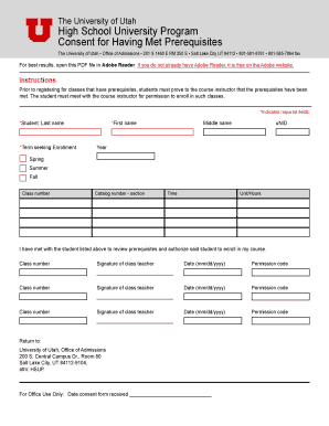 University of Utah High School University Program Prerequisite Consent