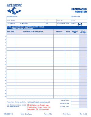 Remittance Register Form