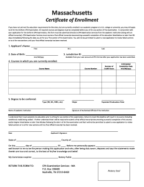 Massachusetts CPA Examination Certificate of Enrollment