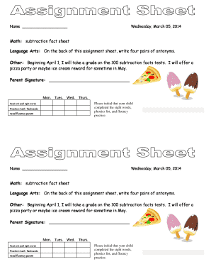 Student Homework Assignment Sheet