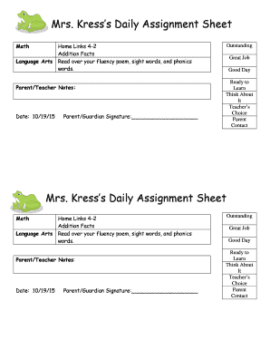 Mrs. Kress’s Daily Assignment Sheet