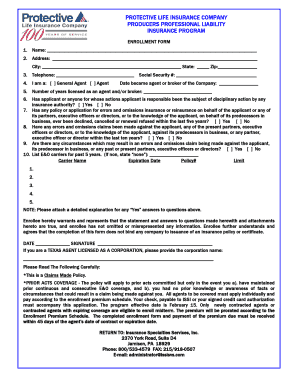 Protective Life Insurance Company Producer Professional Liability Insurance Program Enrollment Form