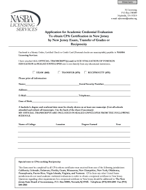 New Jersey CPA Academic Credential Evaluation Application