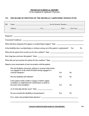 Physician's Medical Report for Michigan Carpenters' Pension Fund