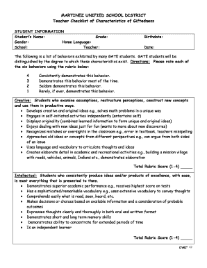 Teacher Checklist of Characteristics of Giftedness