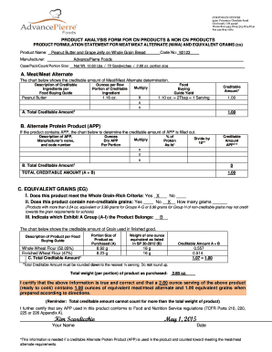 Product Analysis Form for Meat and Grain Credits