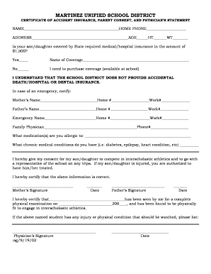 Martinez Unified School District Accident Insurance Consent