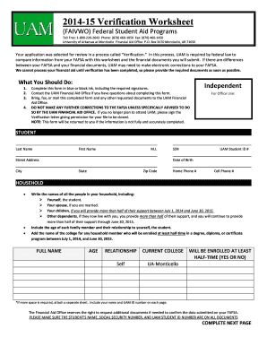 2014-15 Verification Worksheet for Federal Student Aid