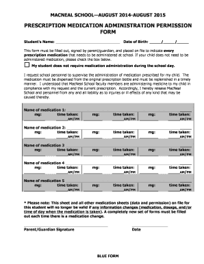 Prescription Medication Administration Permission Form