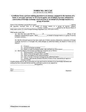 Form 10CCAE Certificate for Foreign Tourist Payments