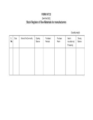VAT 33 Stock Register of Raw Materials