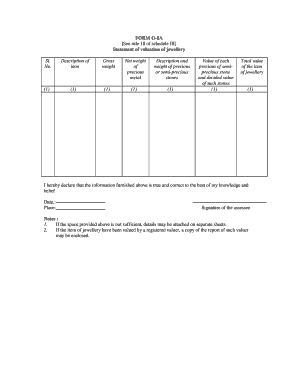 Statement of Valuation of Jewellery Form O-8A