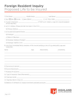 Foreign Resident Life Insurance Inquiry Form