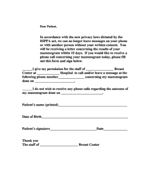 HIPAA Authorization Form for Mammogram Results