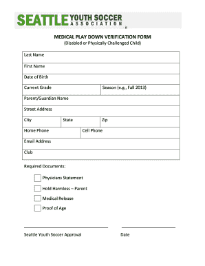 Medical Play Down Verification Form