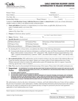 Carle Addiction Recovery Center Authorization to Release Information