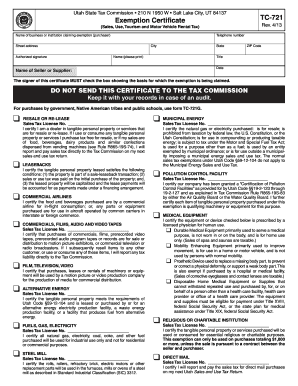 Utah Sales Tax Exemption Certificate TC-721