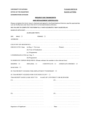 University of Guyana Transcript Request Form