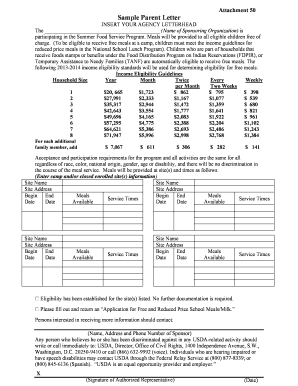 Summer Food Service Program Parent Letter
