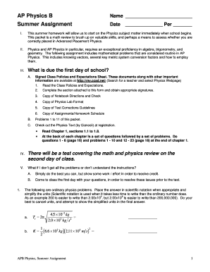 AP Physics B Summer Assignment