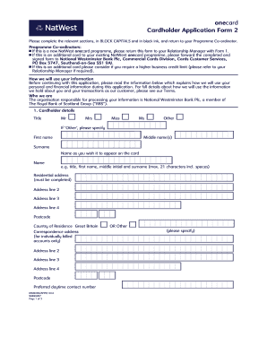 NatWest Onecard Cardholder Application Form