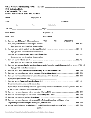 UVA WorkMed Employee Health Screening Form