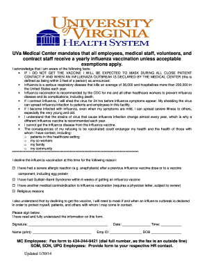 UVa Medical Center Influenza Vaccination Waiver