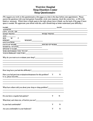 Sleep Disorders Center Sleep Questionnaire