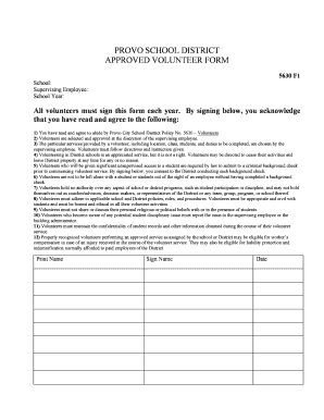 Provo School District Approved Volunteer Form