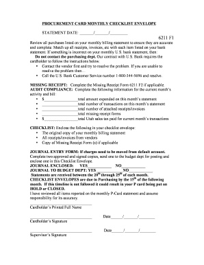Procurement Card Monthly Checklist Envelope