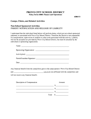 Provo City School District Liability Release Form