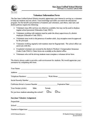 San Juan Unified School District Volunteer Information Form