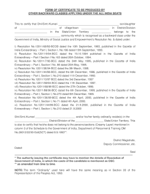 Certificate for Other Backward Classes