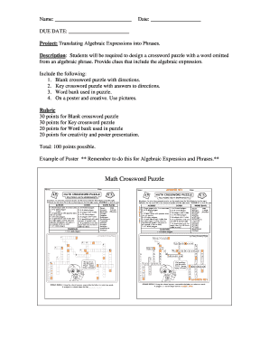 Algebraic Expressions Crossword Puzzle Assignment