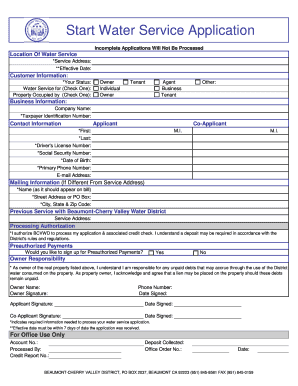 Beaumont-Cherry Valley Water Service Application
