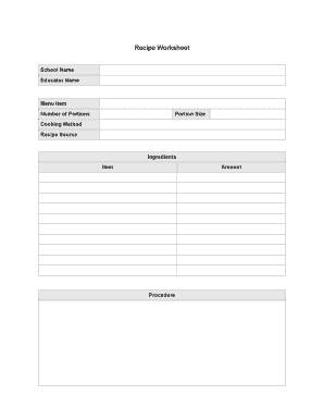 School Food Cost Worksheet