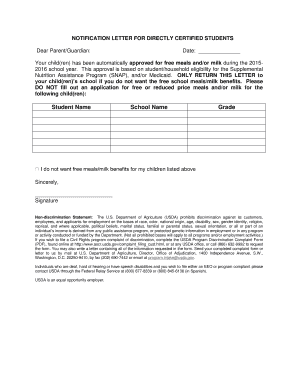 Notification Letter for Directly Certified Students