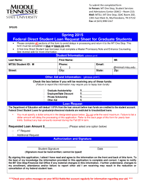 Federal Direct Student Loan Request Sheet for Graduate Students