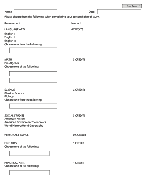 High School Personal Plan of Study Form