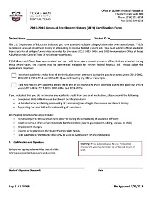 2015-2016 Unusual Enrollment History Certification Form