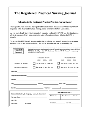 Registered Practical Nursing Journal Subscription Form