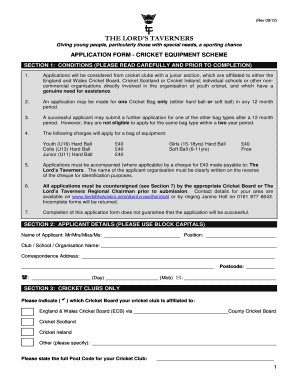 Cricket Equipment Application Form