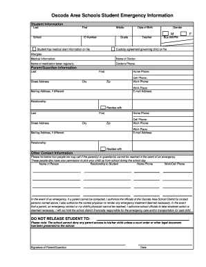 Oscoda Area Schools Student Emergency Information Form