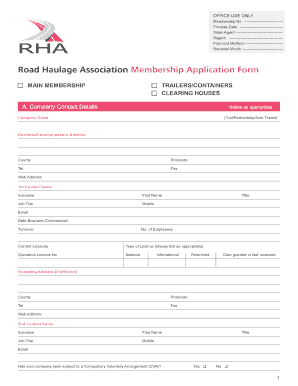 Road Haulage Association Membership Application Form